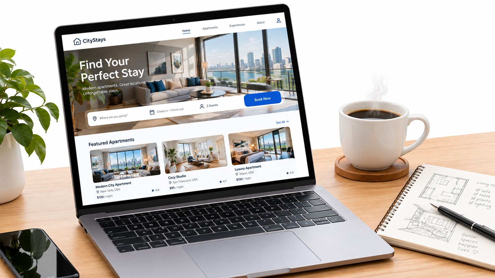 A modern laptop displaying a property rental website on a desk with a coffee mug and notebook.