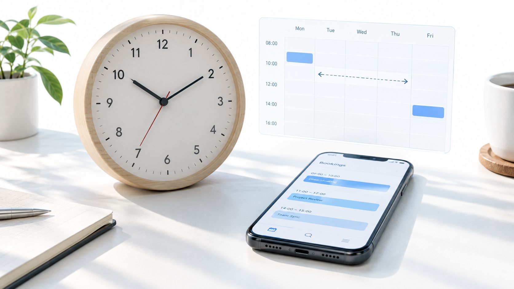 A wooden analog clock, a digital calendar, and a smartphone displaying a schedule on a white table.