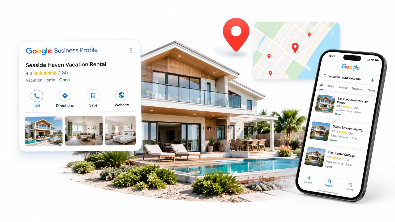 A smartphone and a digital business profile card showcasing a vacation rental property on Google Search.