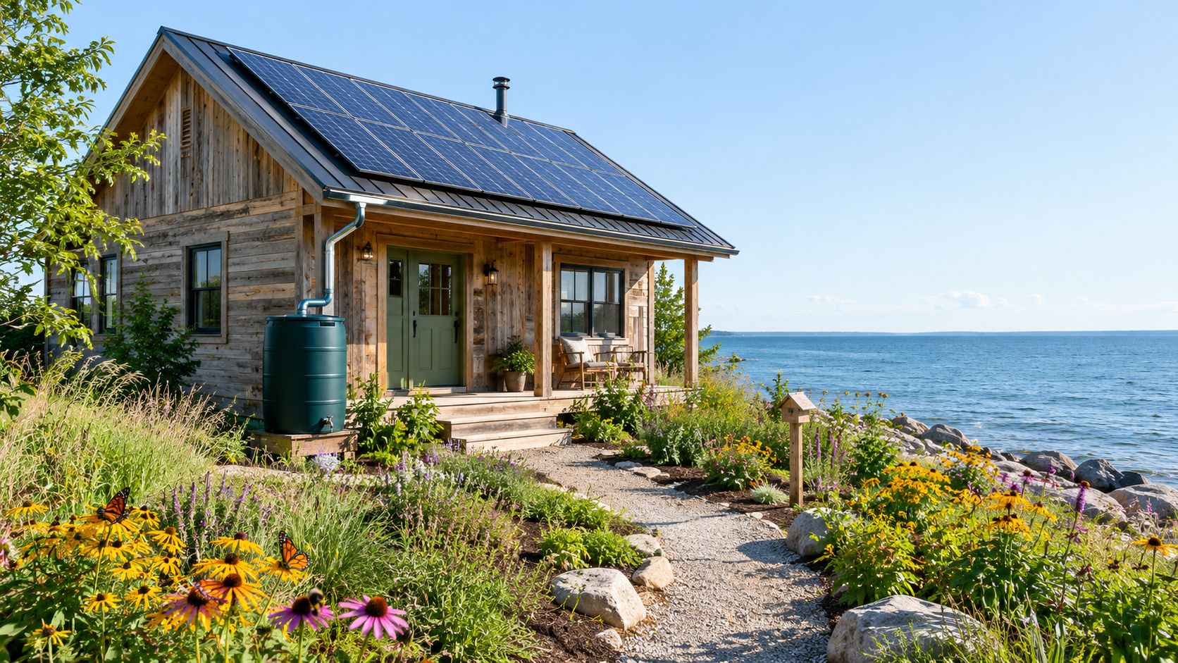 A rustic wooden cottage with solar panels and a rain barrel overlooking a calm blue lake.