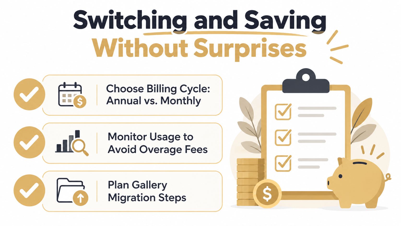 A graphic showing three key steps for switching services while saving money and avoiding unexpected fees.