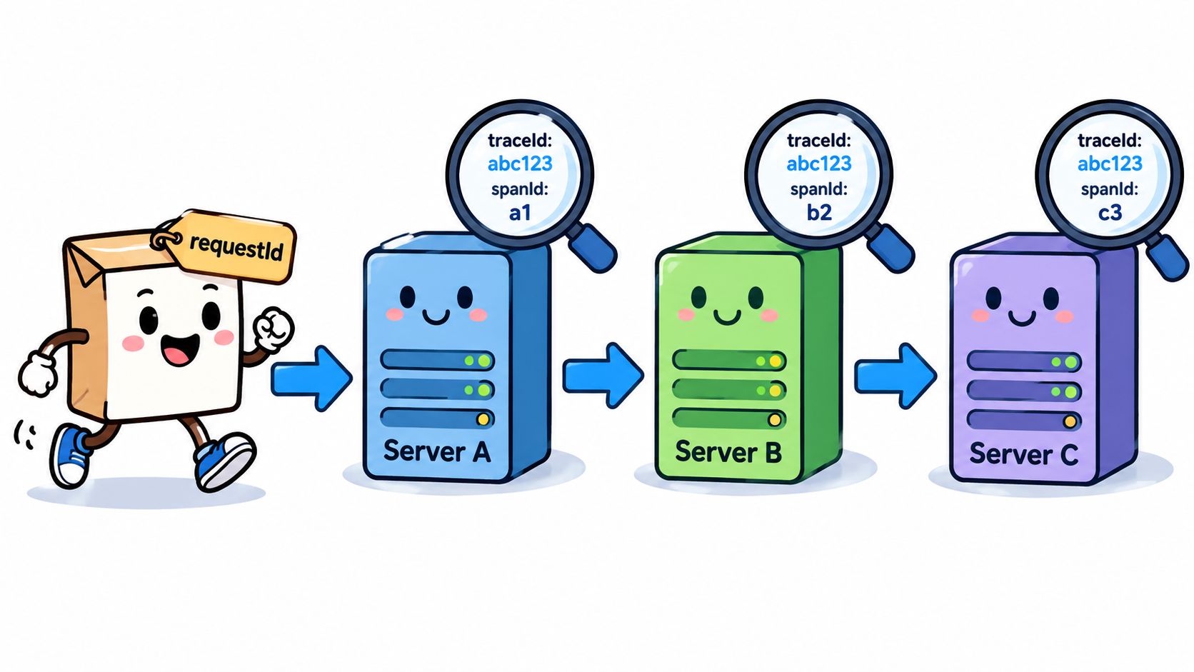 A cartoon illustration showing a request moving through three servers, each with unique trace and span identifiers.