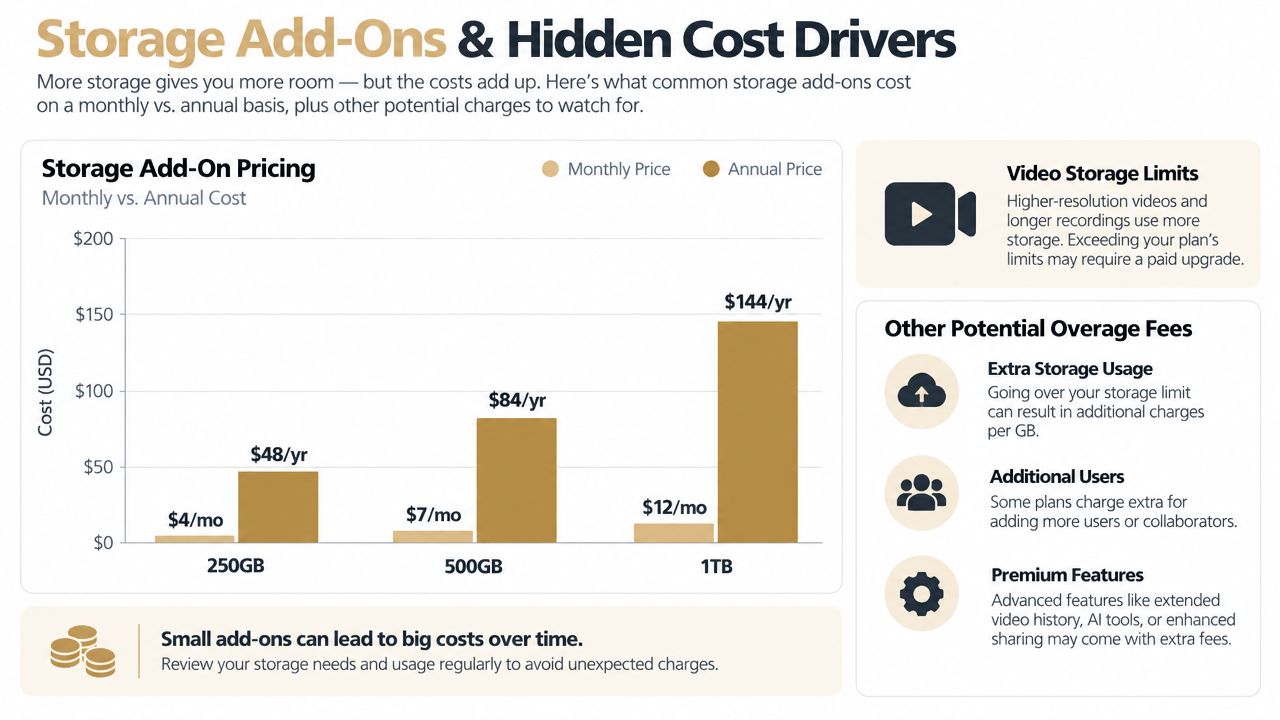 A bar chart comparing monthly and annual costs for various cloud storage add-on plans from 250GB to 1TB.