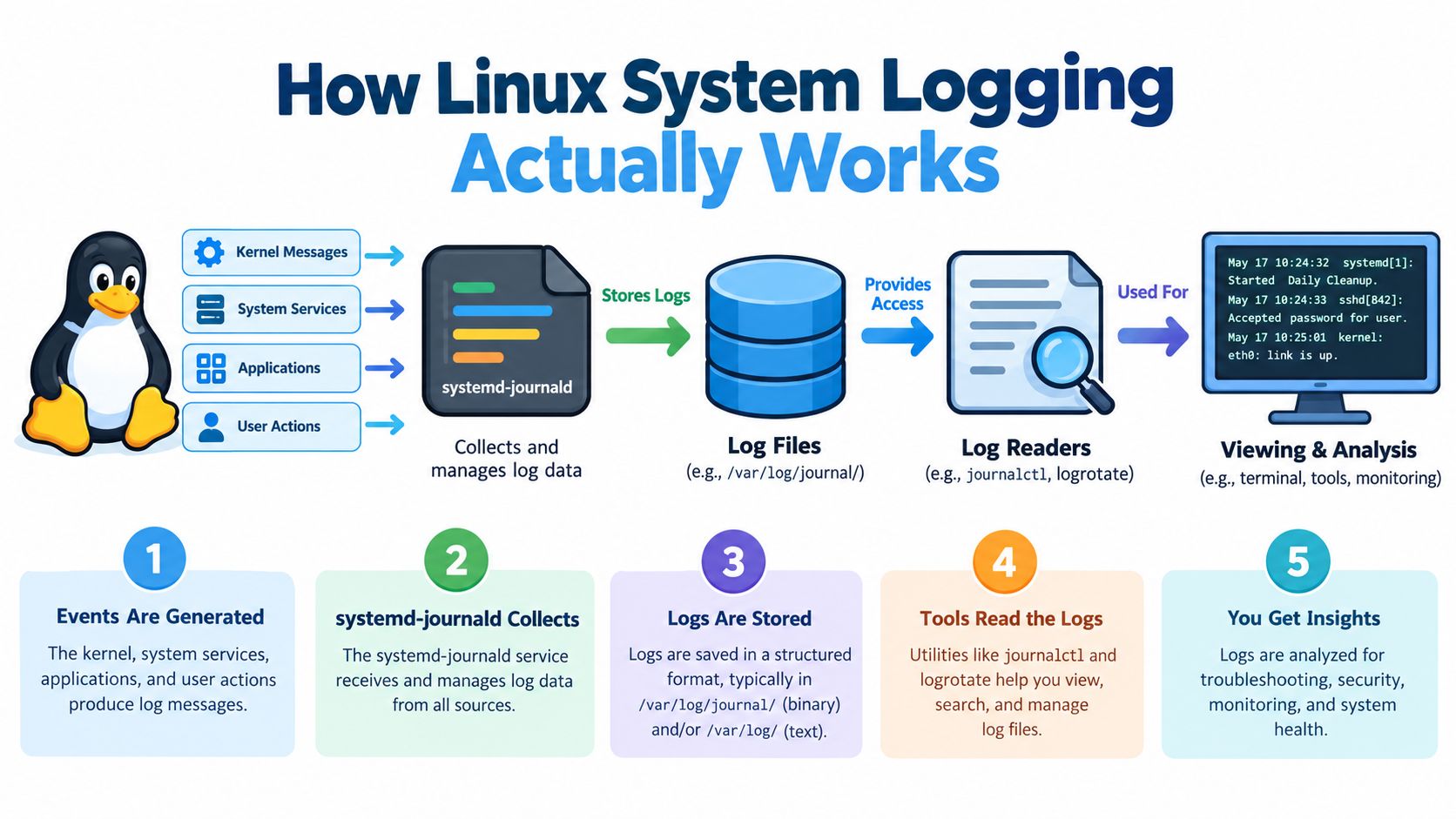 A diagram illustrating how Linux system logging works by collecting, storing, and analyzing system log data.