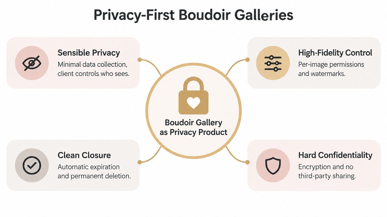 A diagram illustrating four pillars of a privacy-first boudoir photography client gallery: Sensible Privacy, High-Fidelity Control, Clean Closure, and Hard Confidentiality.