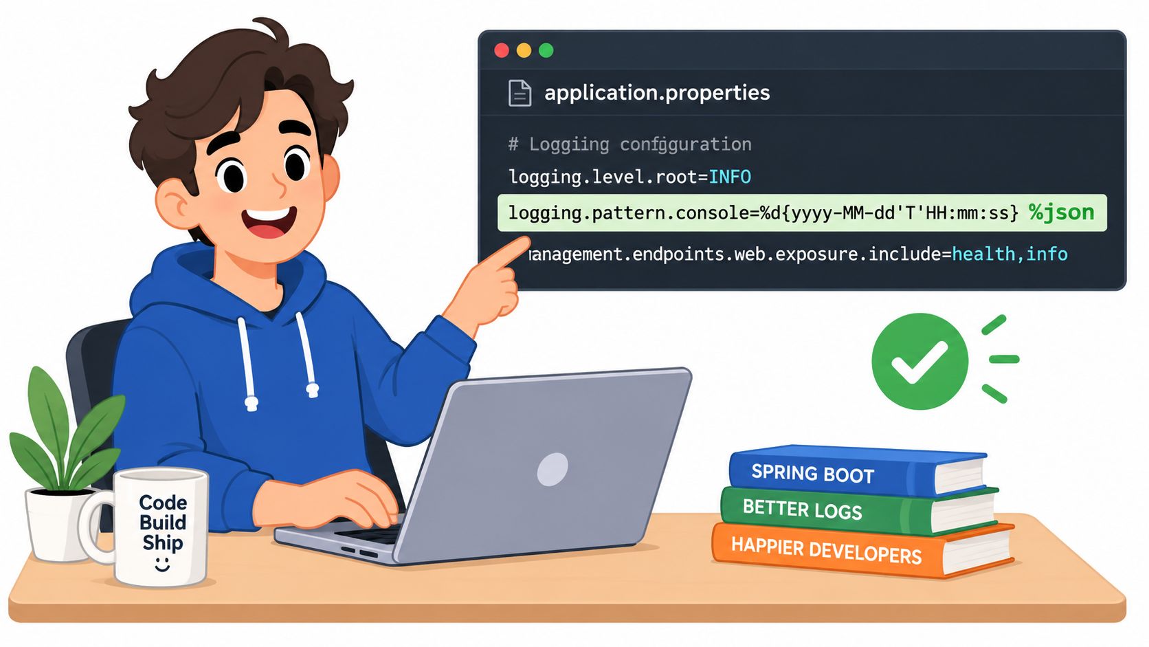 A happy developer pointing to Spring Boot configuration settings for structured logging on a laptop screen.