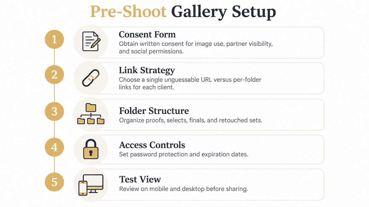 A five-step infographic guide titled Pre-Shoot Gallery Setup for organizing client photography projects efficiently.