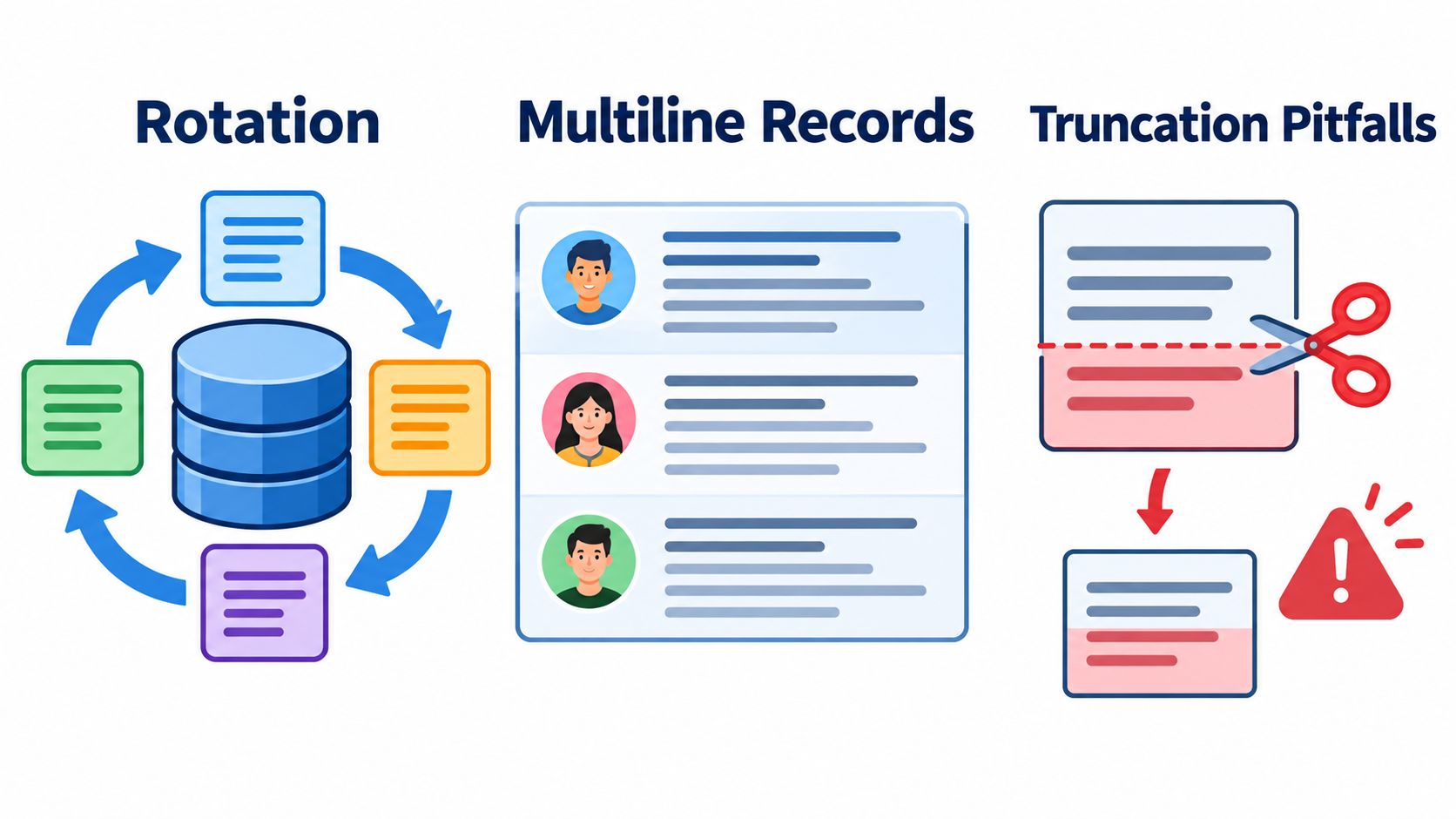 An infographic illustrating concepts of log file management including rotation, multiline records, and truncation pitfalls.