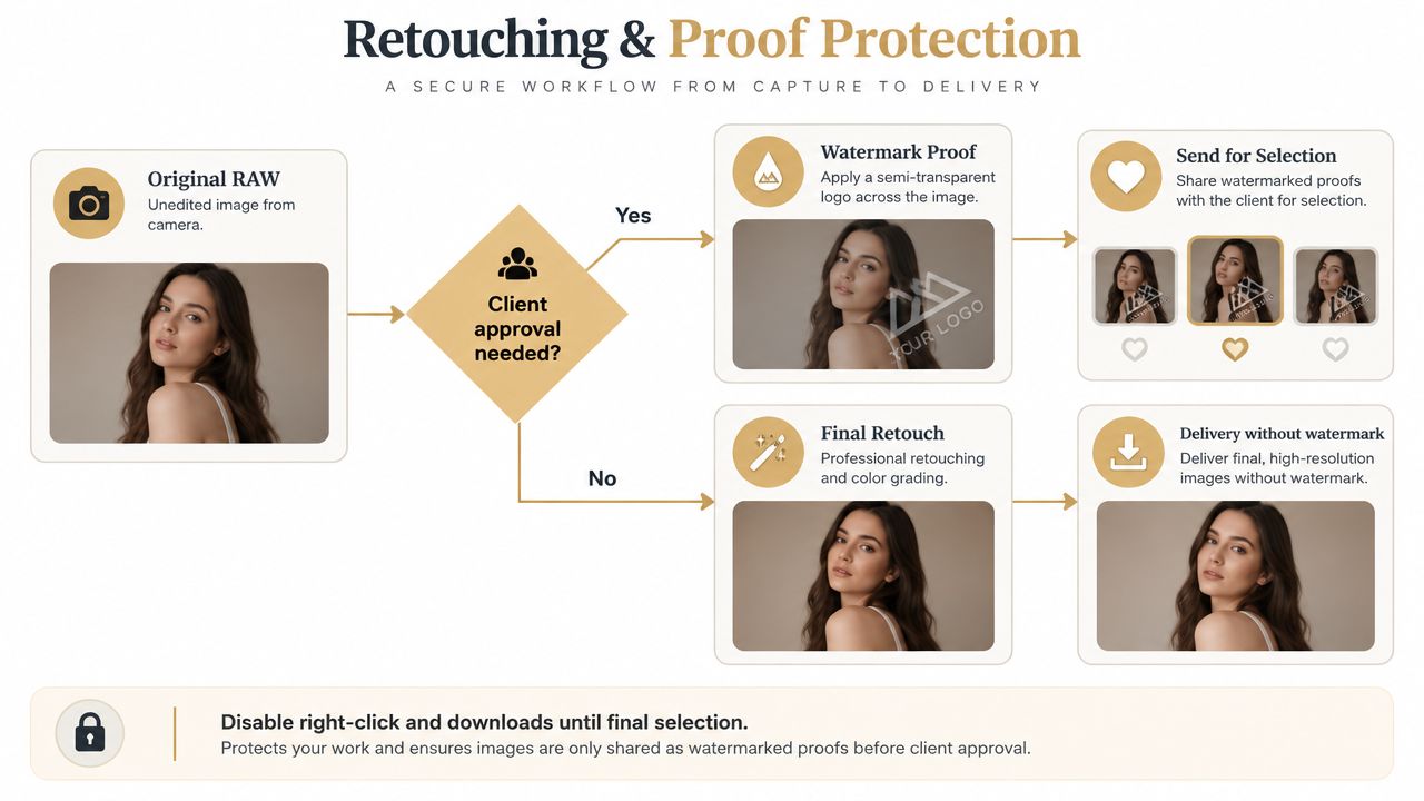 A workflow diagram showing the process of retouching and proof protection for professional photography clients.