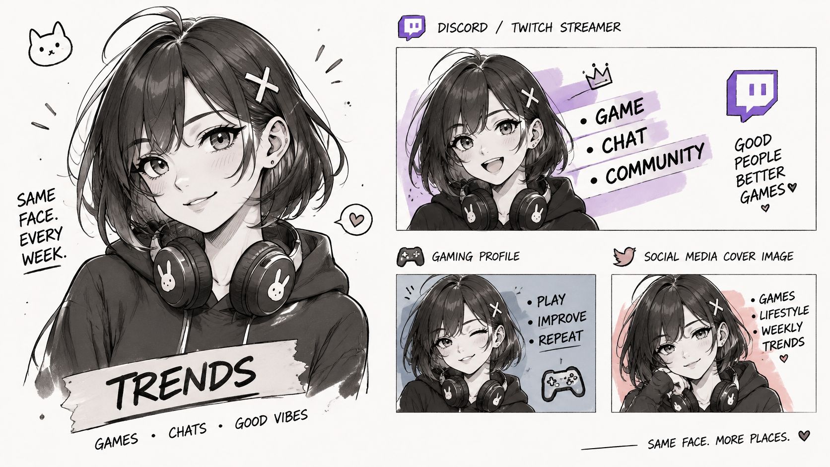 A anime-style character presented in multiple layouts for streaming profile, gaming, and social media branding purposes.