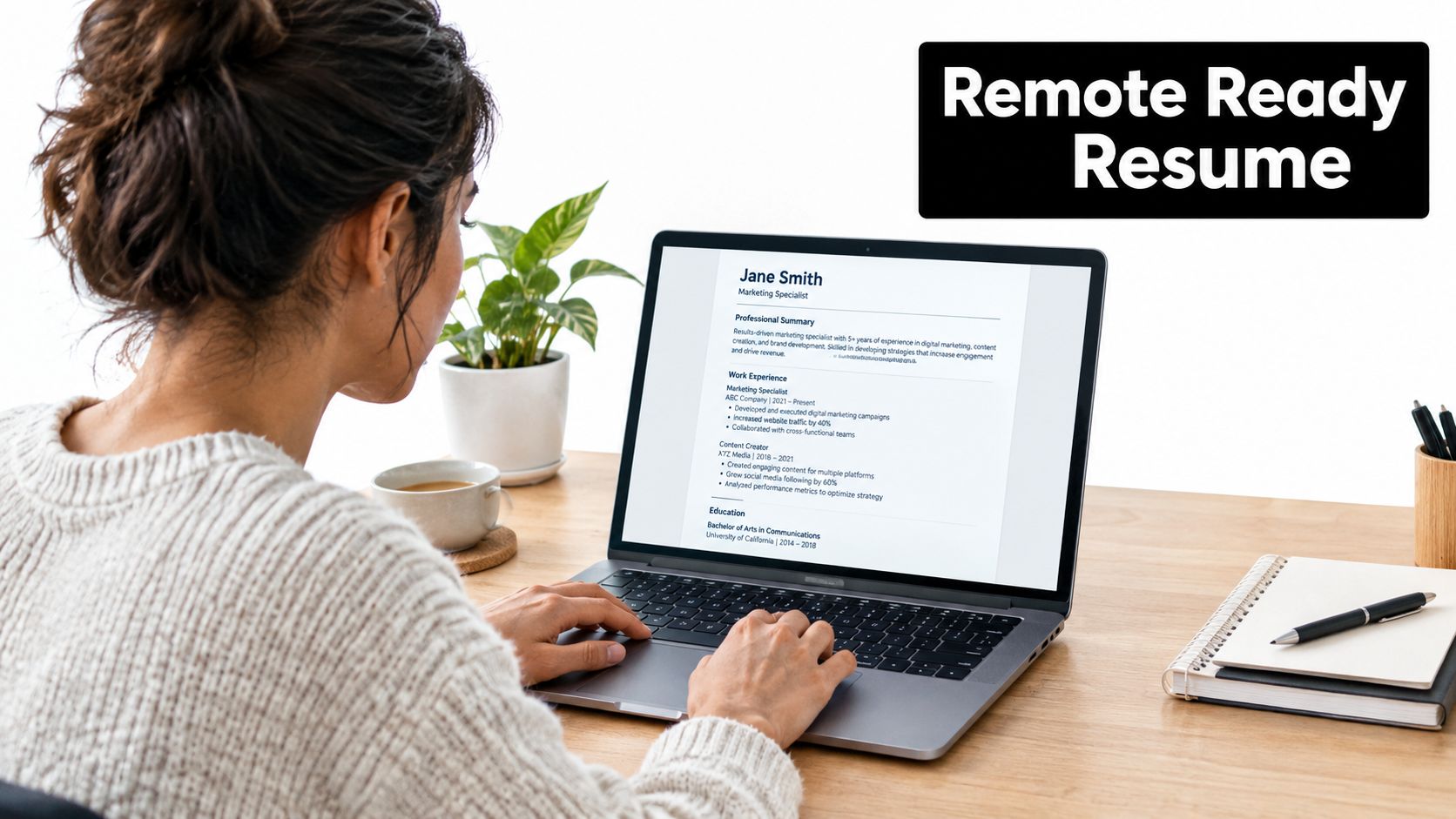 A woman working on a laptop at a wooden desk displaying a professional resume on the screen.