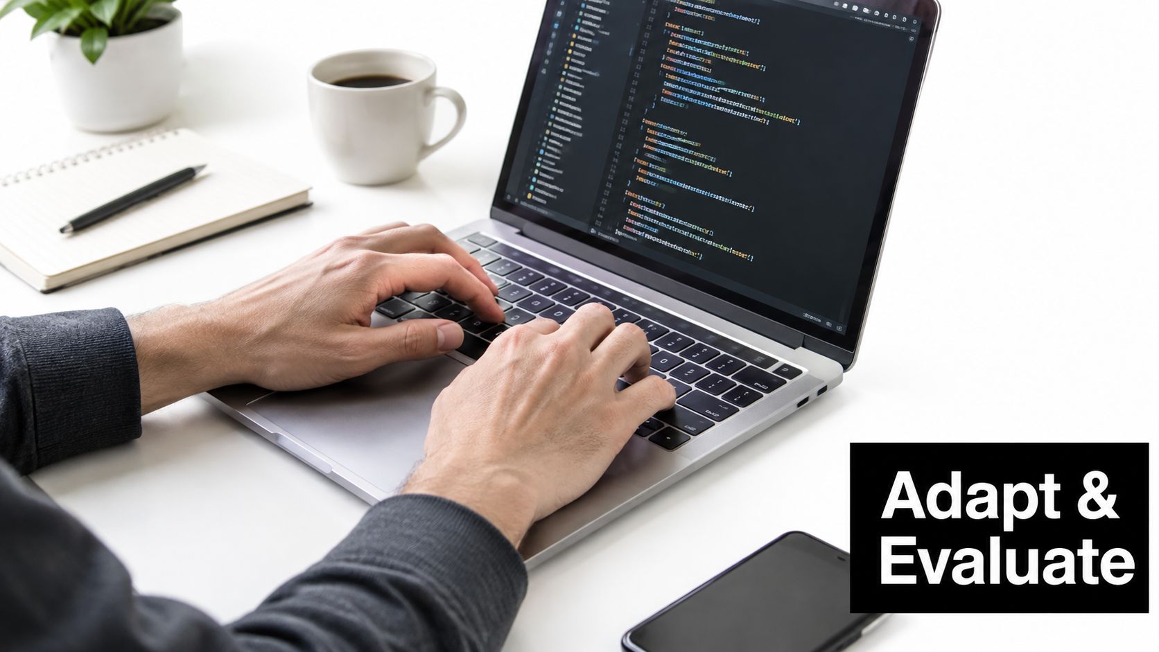A professional developer writing code on a laptop at a clean, organized desk with office supplies.