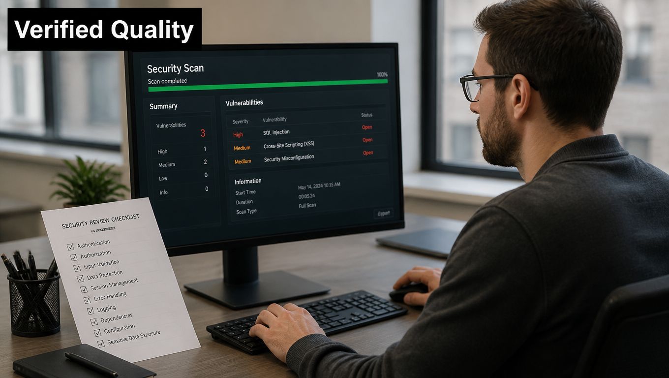 A professional developer analyzing security scan results and a security review checklist on his office computer screen.