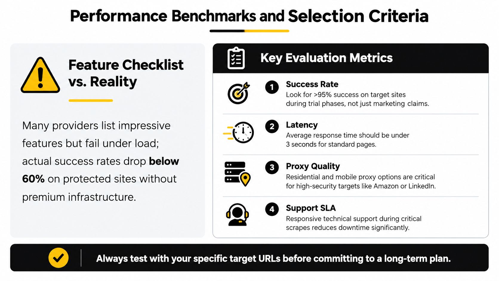 An infographic detailing performance benchmarks and key selection criteria for choosing a web scraping API provider.