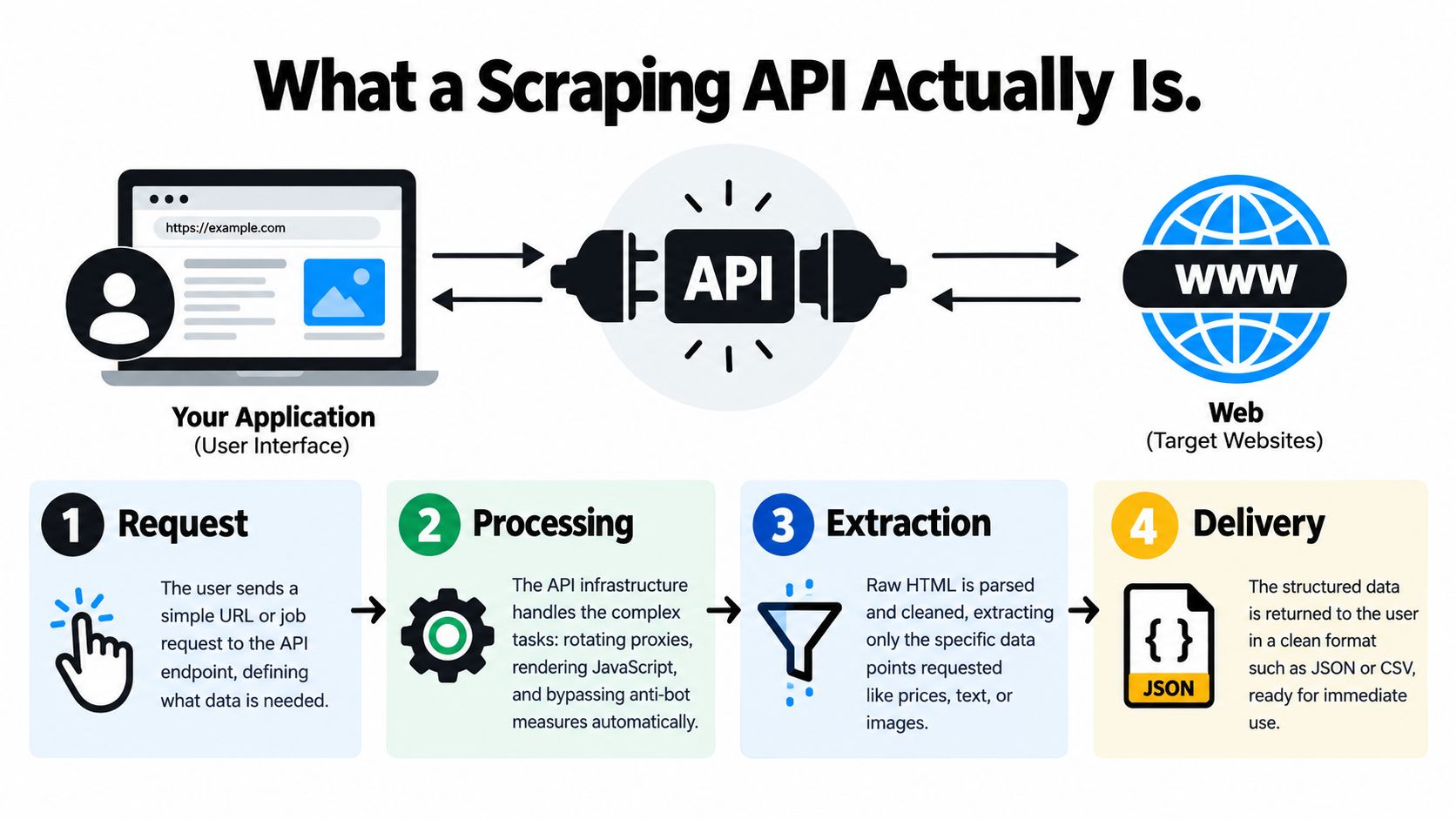 A diagram illustrating how a scraping API works by processing requests and extracting structured data from websites.