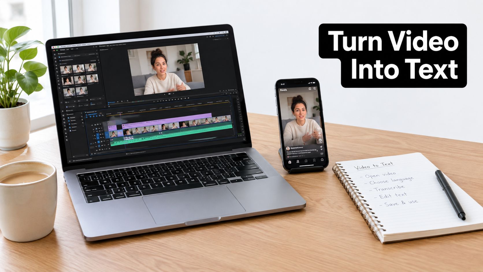 A professional desk workspace featuring a laptop, smartphone, coffee, and a notepad detailing video-to-text transcription steps.