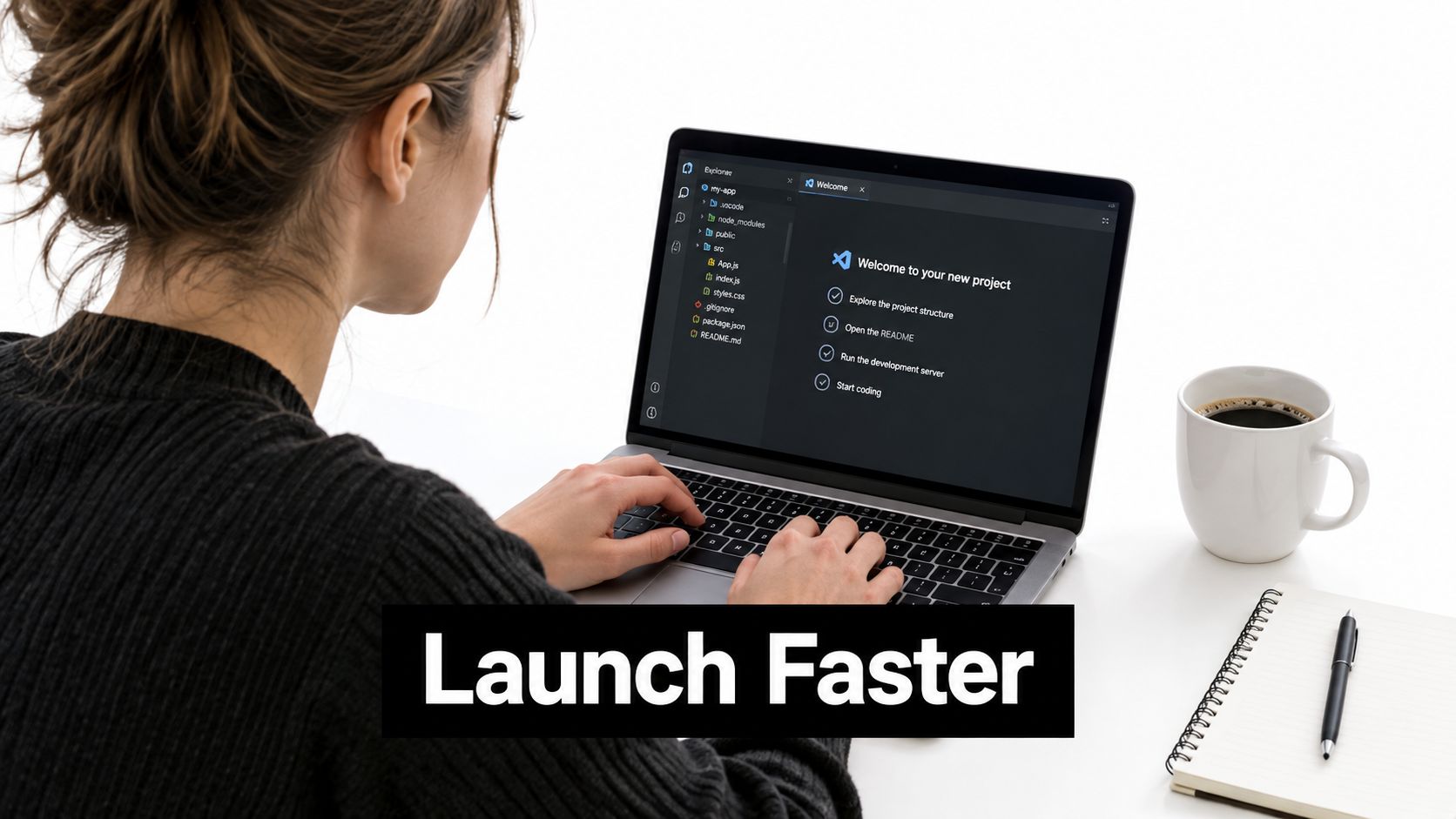 A female software developer coding in a VS Code project on her laptop at a clean desk.