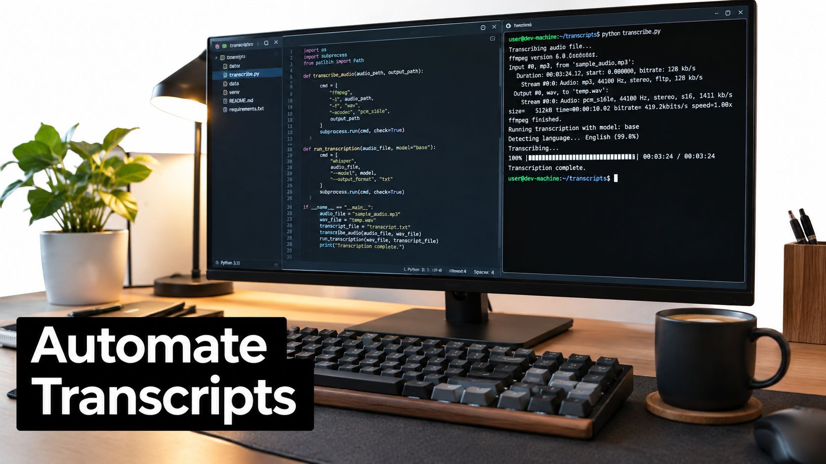 A desktop workspace featuring a computer monitor displaying code for automating audio transcriptions on a wooden desk.