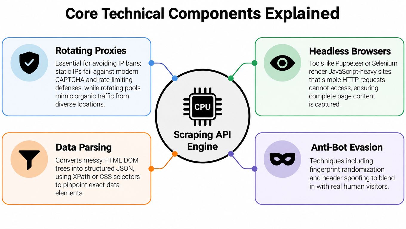A diagram illustrating the four core technical components of a scraping API engine including proxies and browsers.