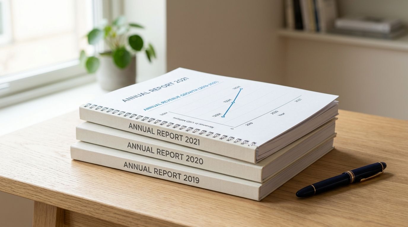 A stack of annual reports from 2019 to 2021 on a wooden desk with a pen.
