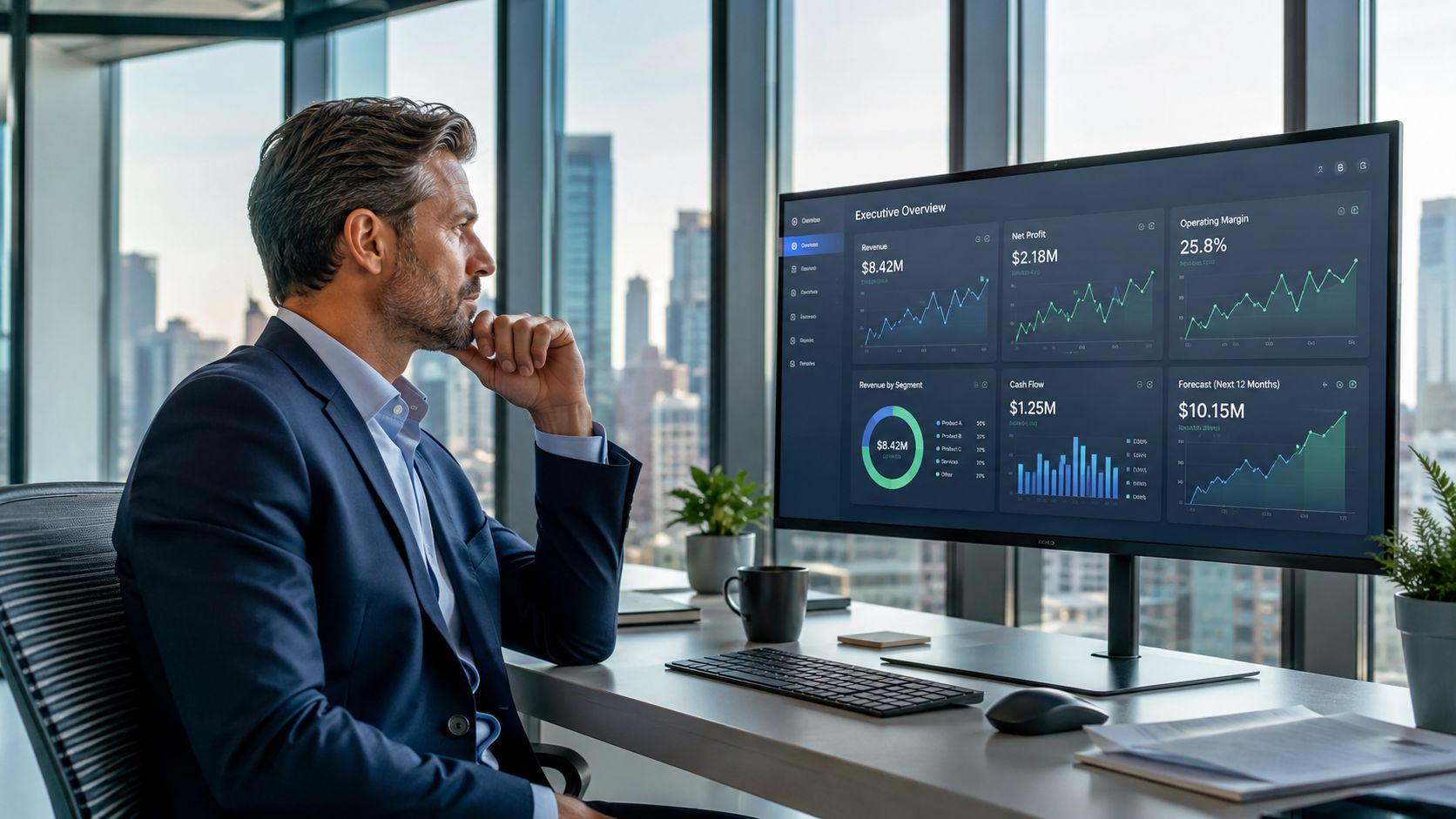 A professional man in a business suit reviewing executive financial dashboards on a computer screen in an office.