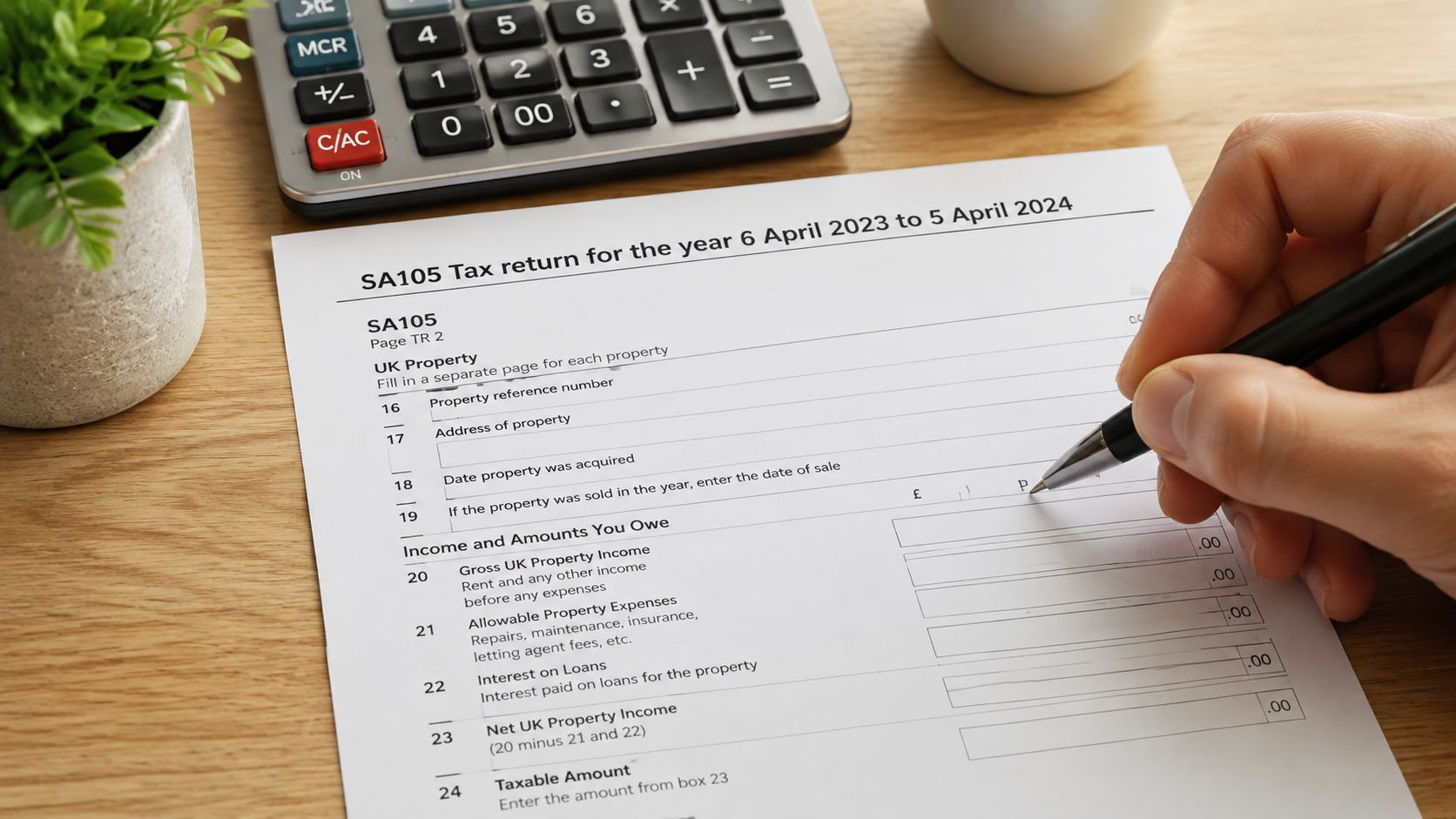 A person writing on a UK SA105 property tax return form with a calculator on a desk.