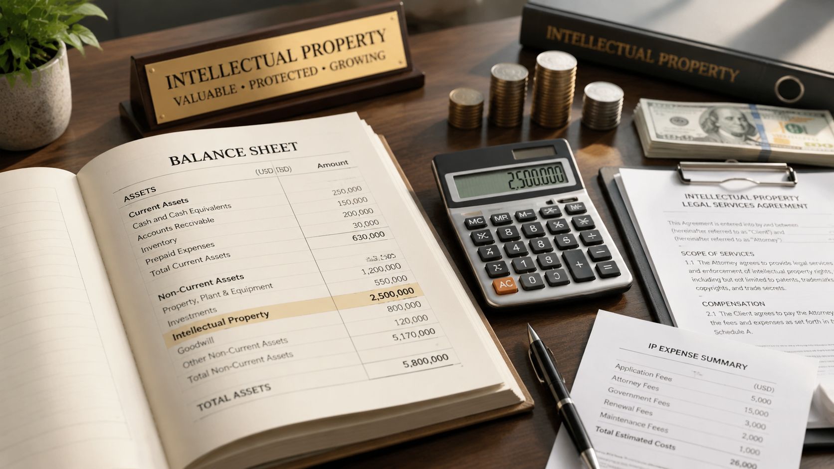A wooden desk featuring a balance sheet, calculator, money, and an intellectual property legal services agreement.