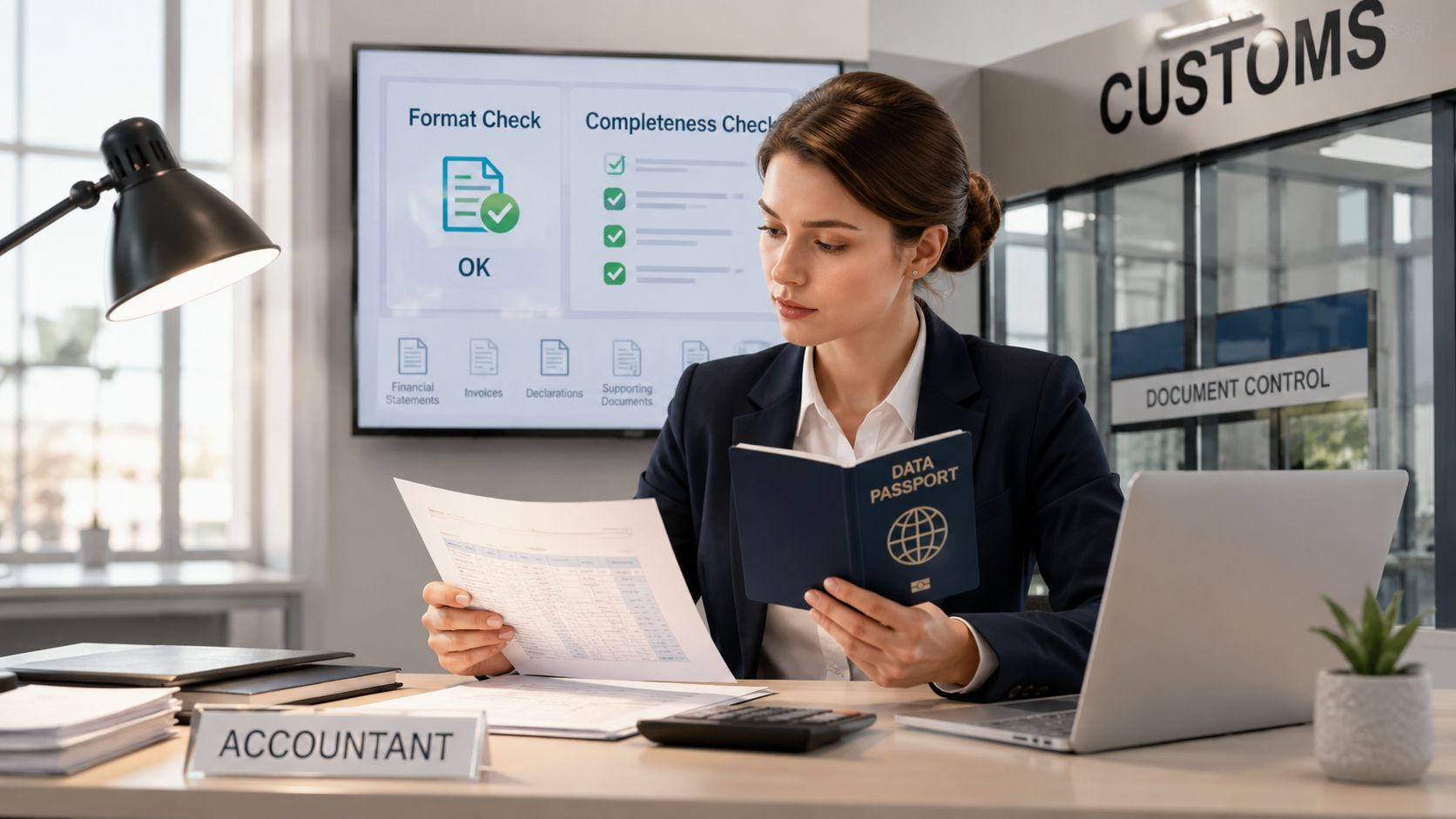 A professional accountant reviewing financial documents and a digital data passport at a customs office desk.