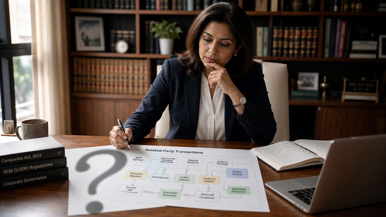 A professional woman at her desk reviewing a flowchart about related party transactions and legal regulations.