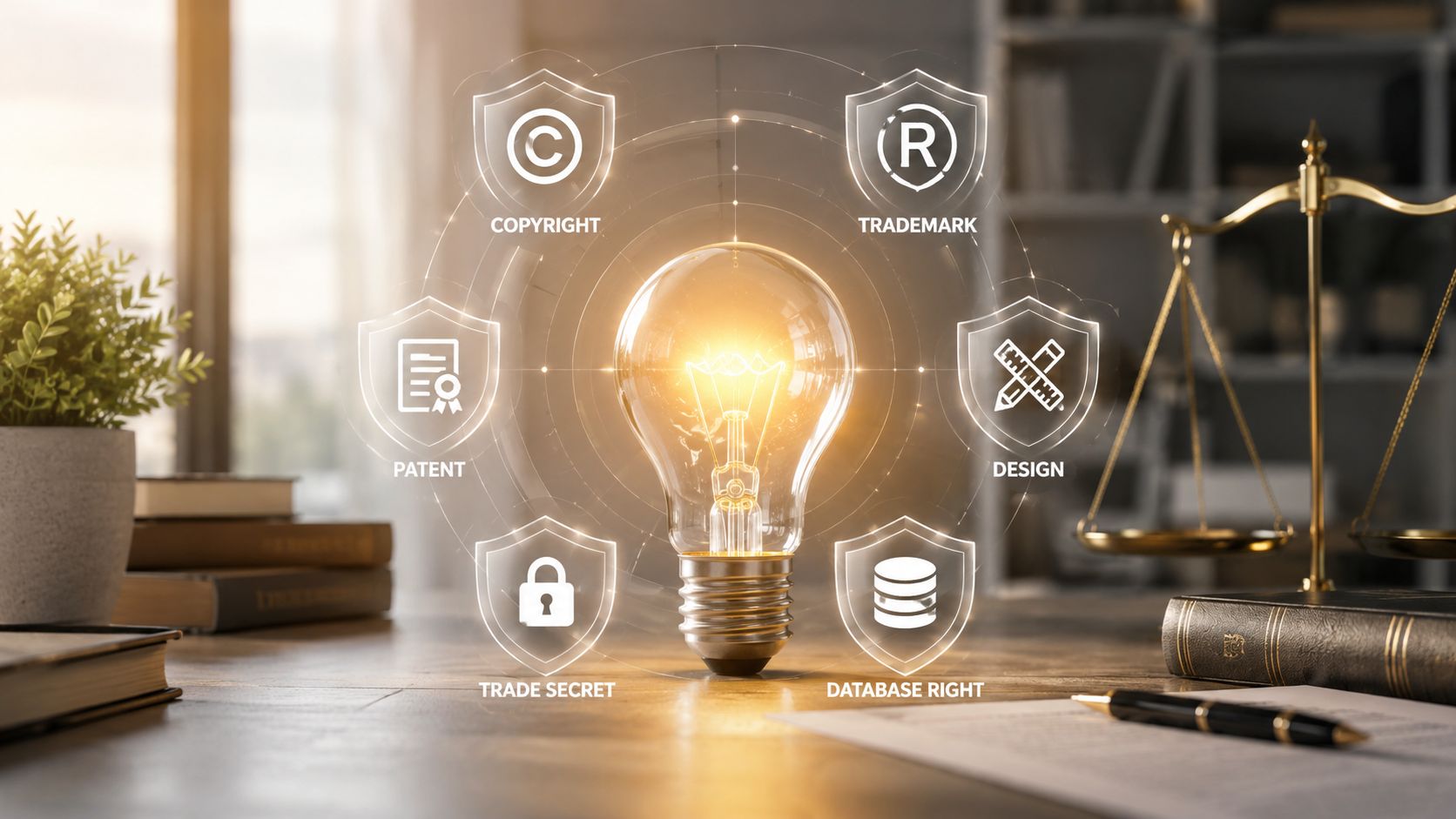 A glowing light bulb surrounded by glowing shield icons representing various forms of intellectual property protection.