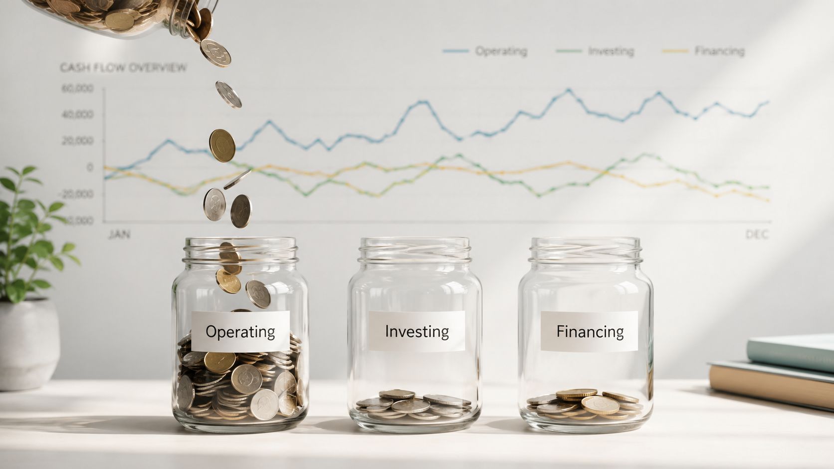 Three glass jars labeled operating, investing, and financing are filled with coins beneath a cash flow chart.