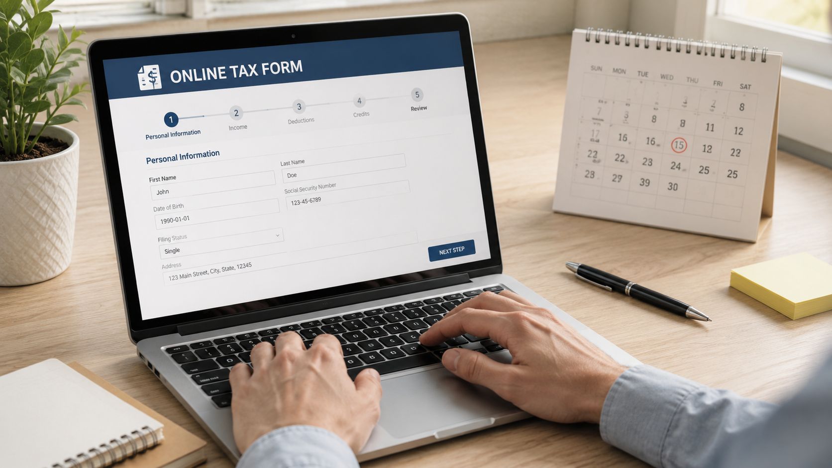A person using a laptop to fill out an online tax form on a wooden desk.