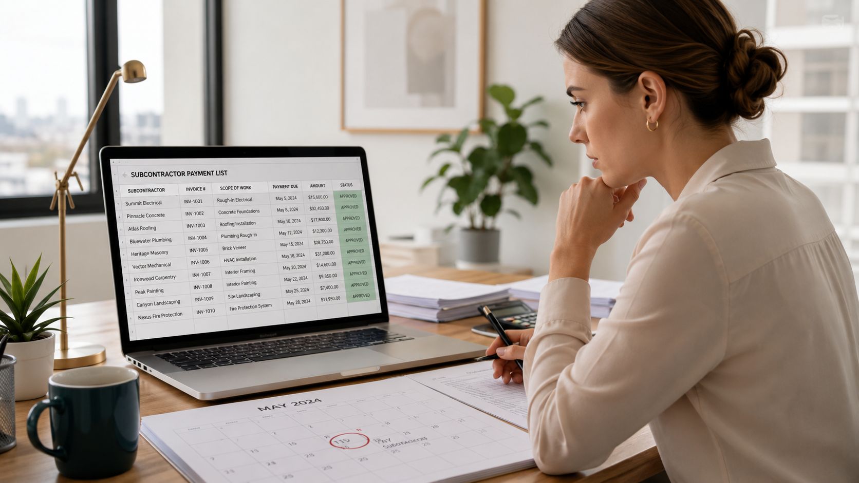 A businesswoman reviewing subcontractor invoices on her laptop while checking dates on a May 2024 calendar.