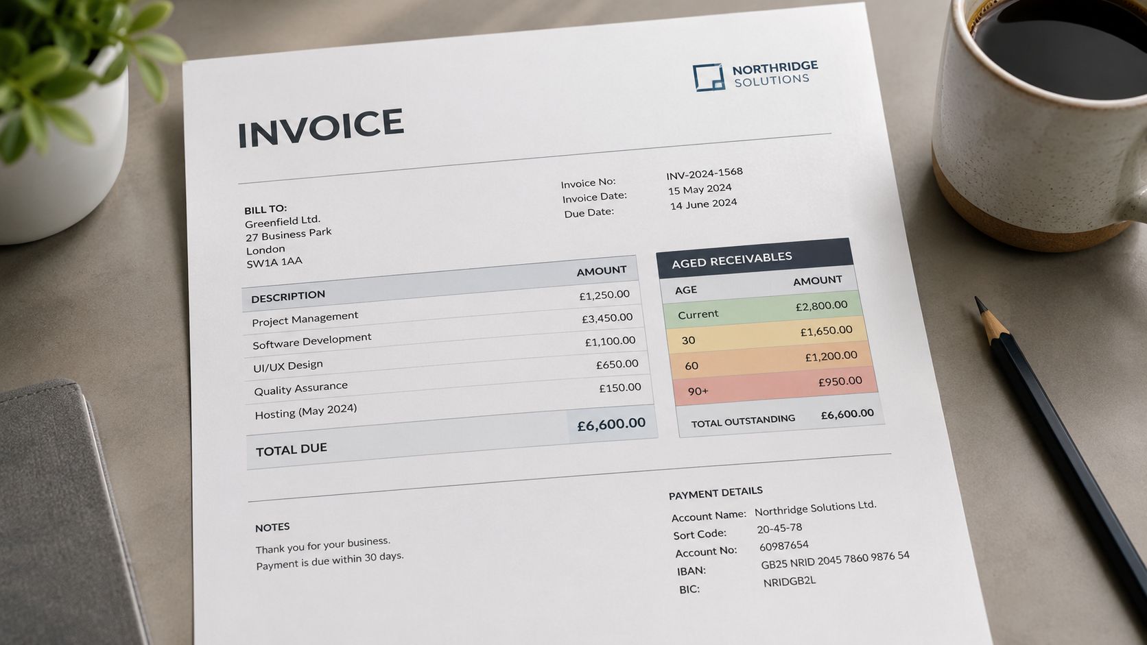 A professional invoice from Northridge Solutions for Greenfield Ltd, displayed on a desk with a coffee mug.