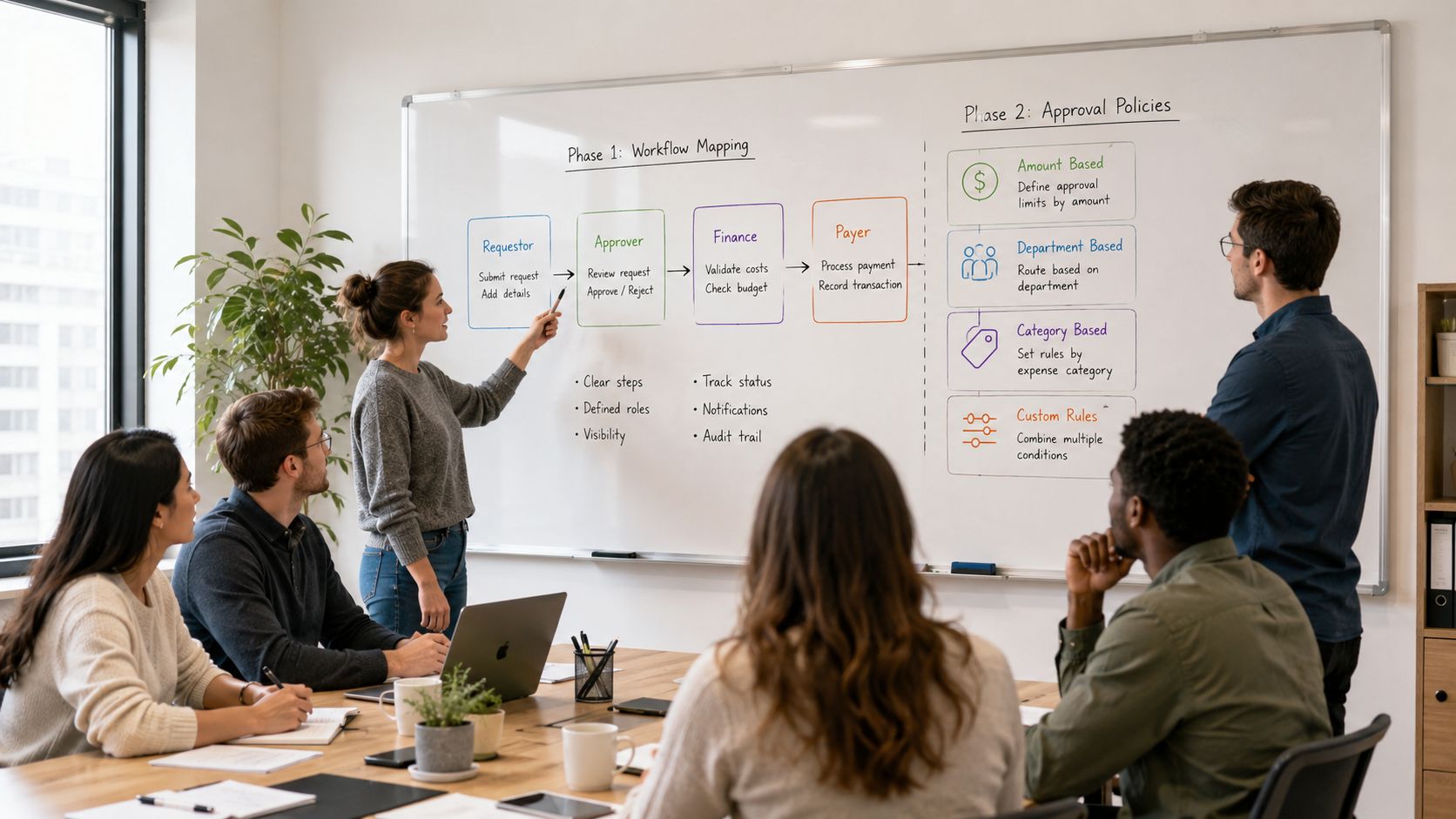 A professional team in a meeting room collaborating on a workflow chart drawn on a whiteboard.