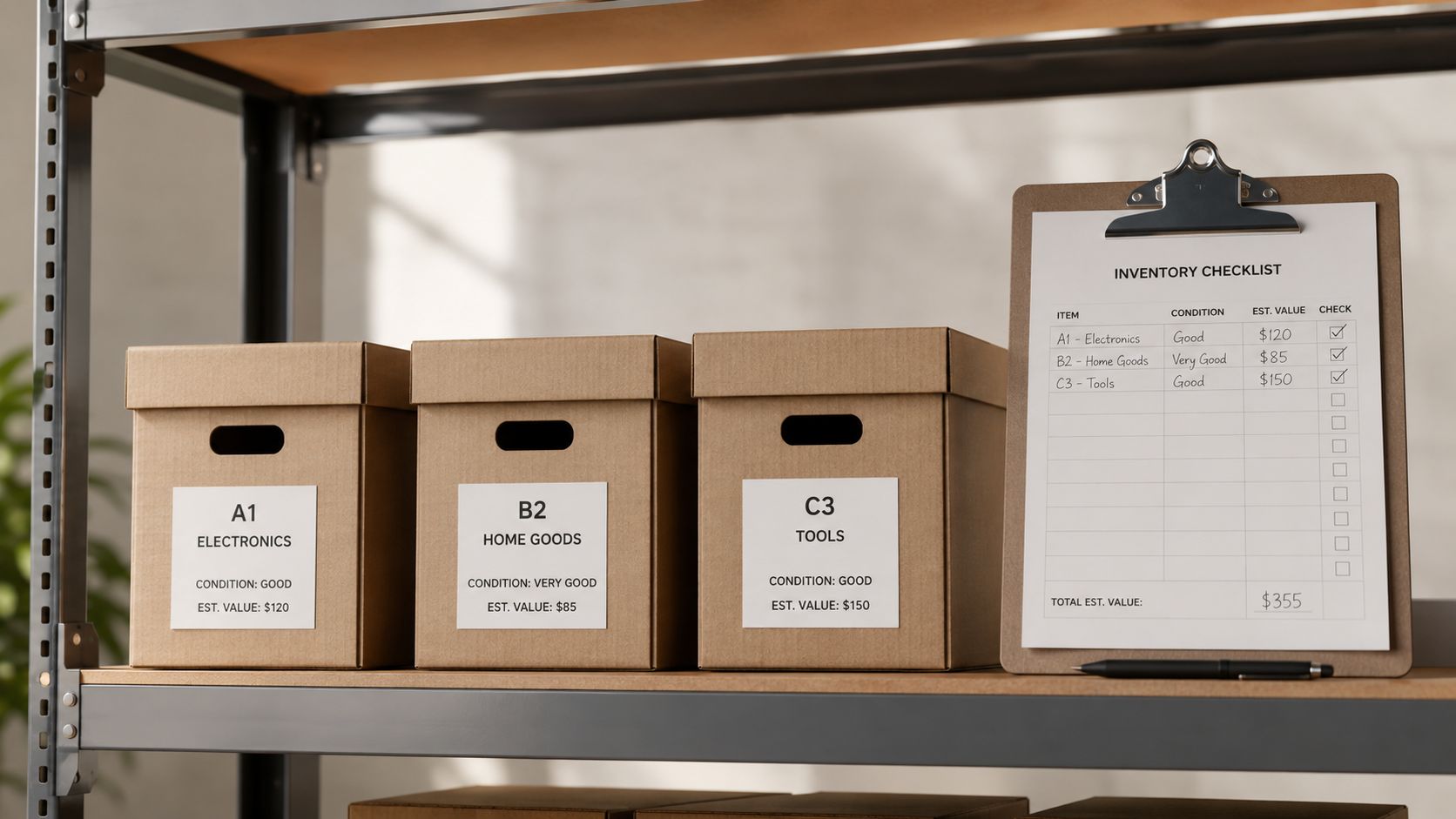 Three storage boxes labeled A1, B2, and C3 with a checklist on a clipboard on a metal shelf.