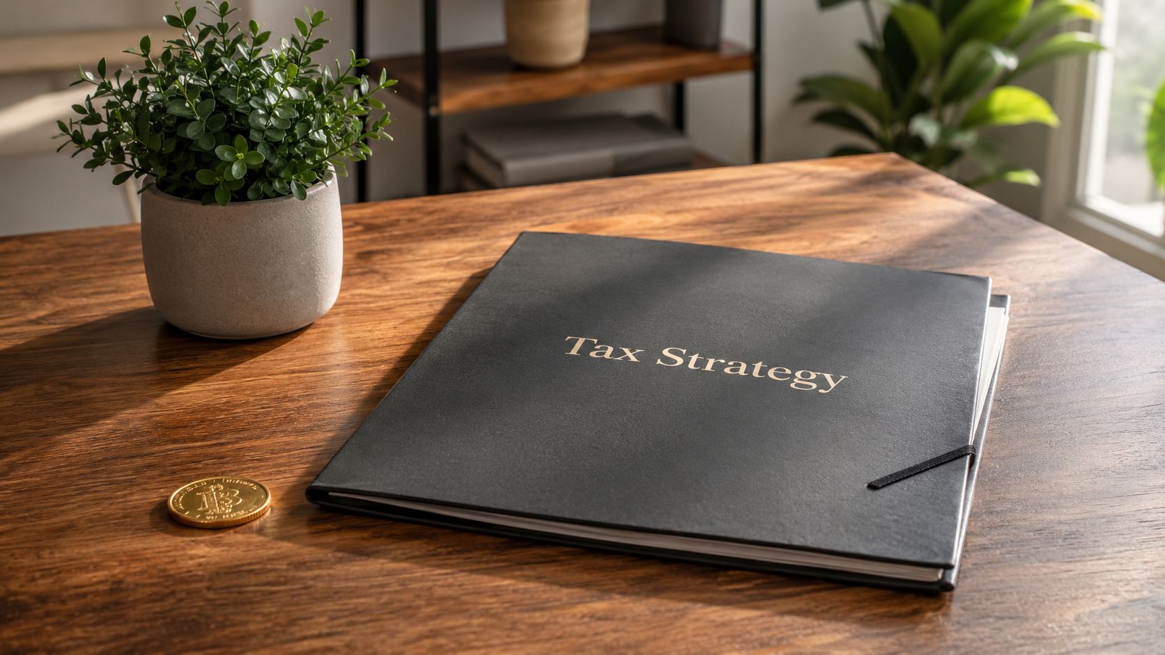 A black Tax Strategy document folder rests on a wooden table beside a small bitcoin coin.