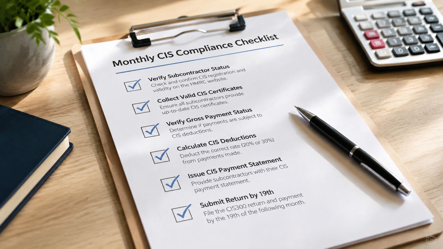 A clipboard with a Monthly CIS Compliance Checklist sitting on a wooden office desk with a calculator.