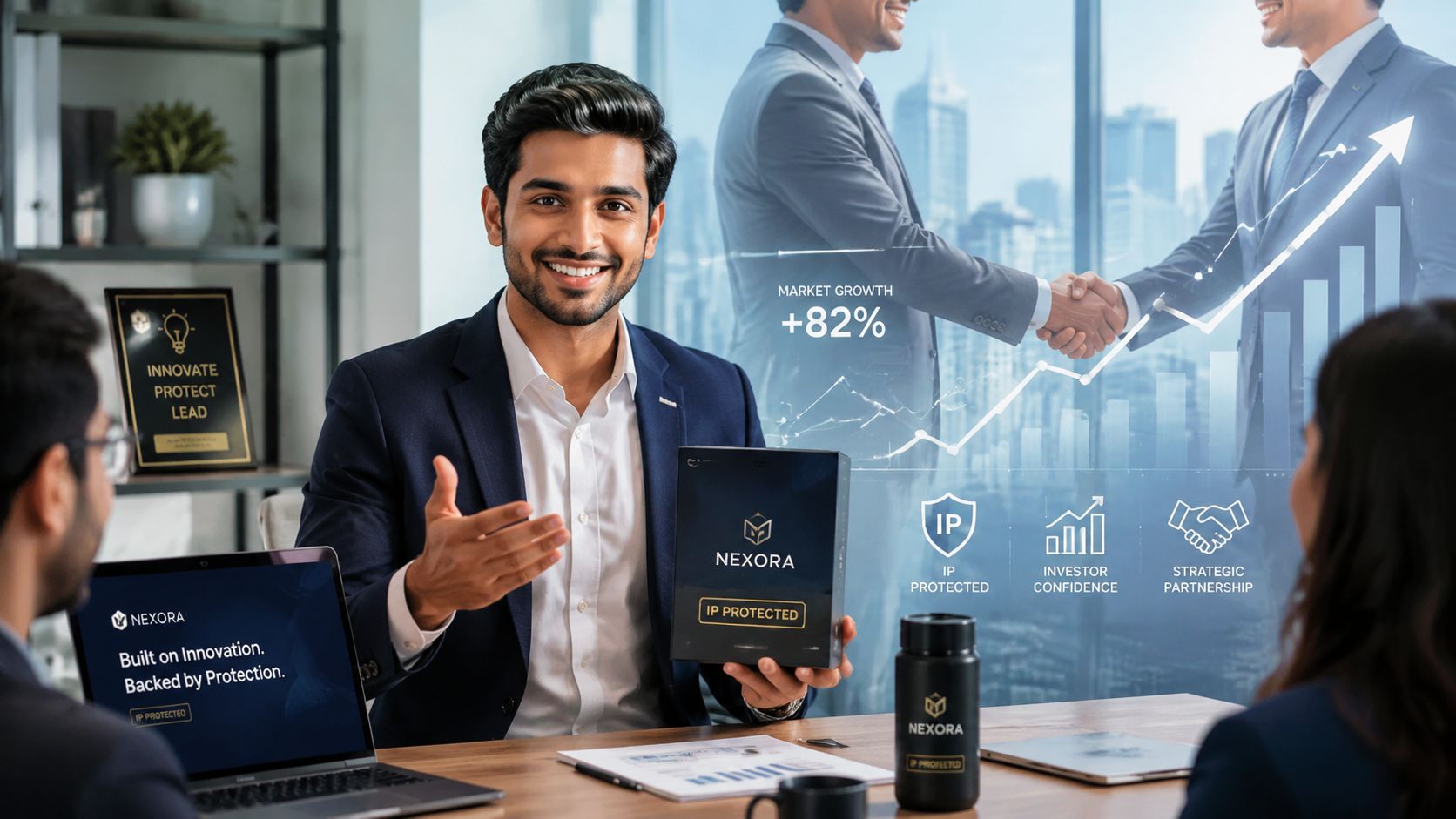 A professional business meeting with a consultant discussing intellectual property protection and company growth strategies.