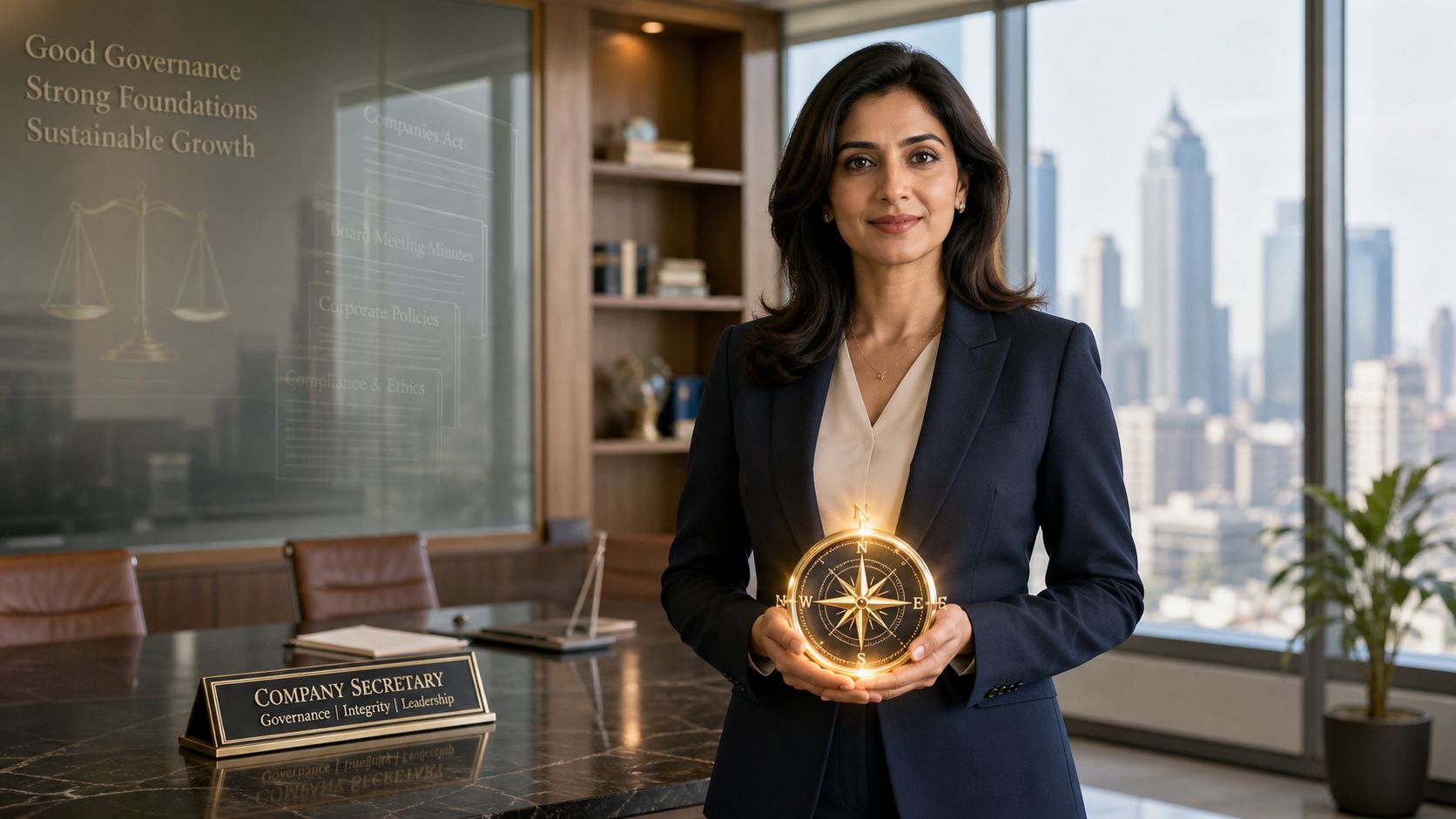 A professional company secretary holding a glowing compass in a modern office with a city skyline view.