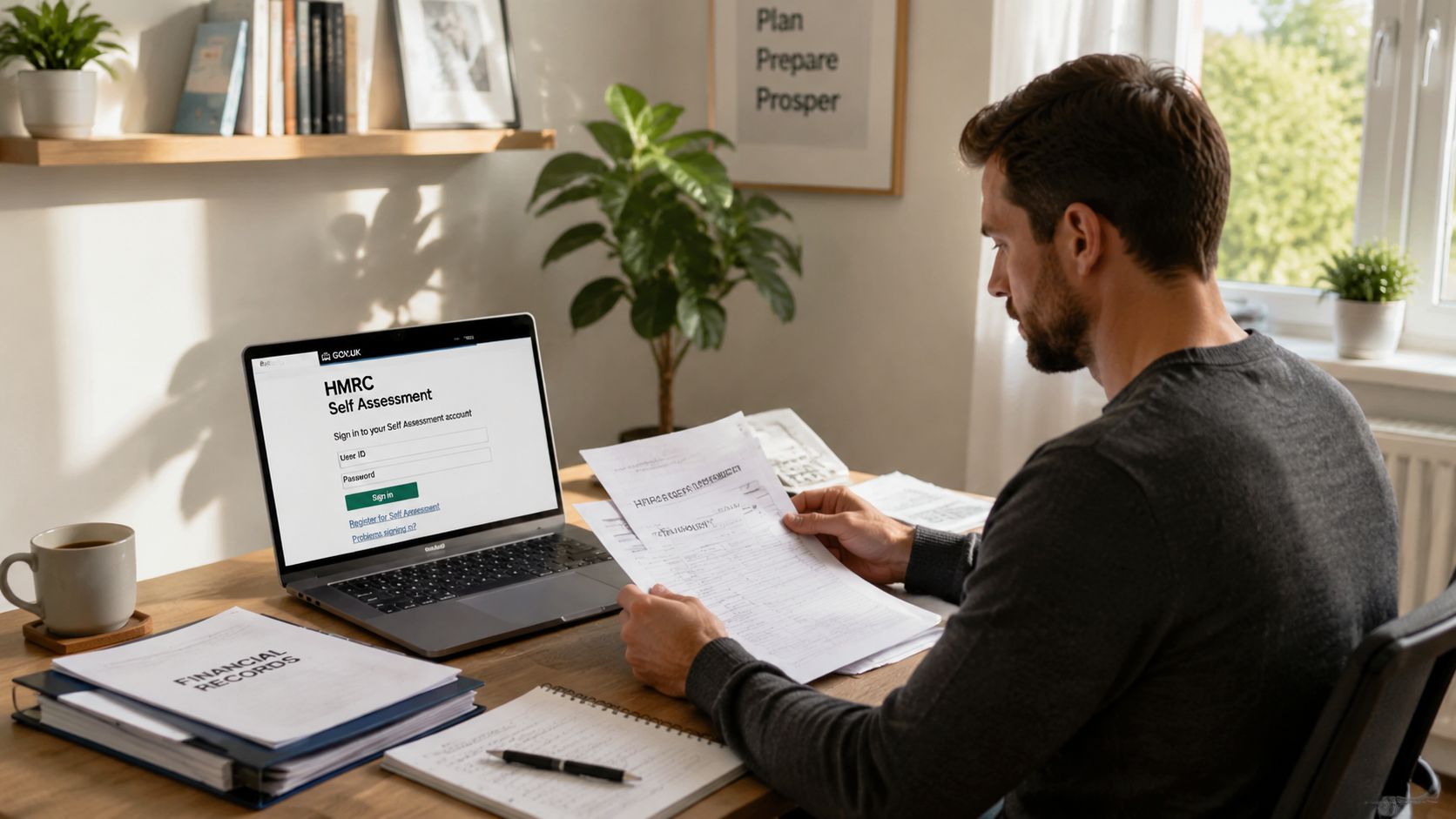 A man sitting at his desk working on his HMRC Self Assessment tax return on a laptop.