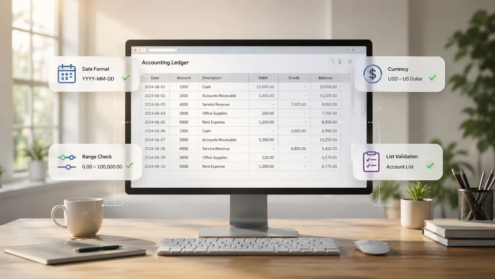 A computer monitor displaying an accounting ledger on a wooden desk with data validation labels.