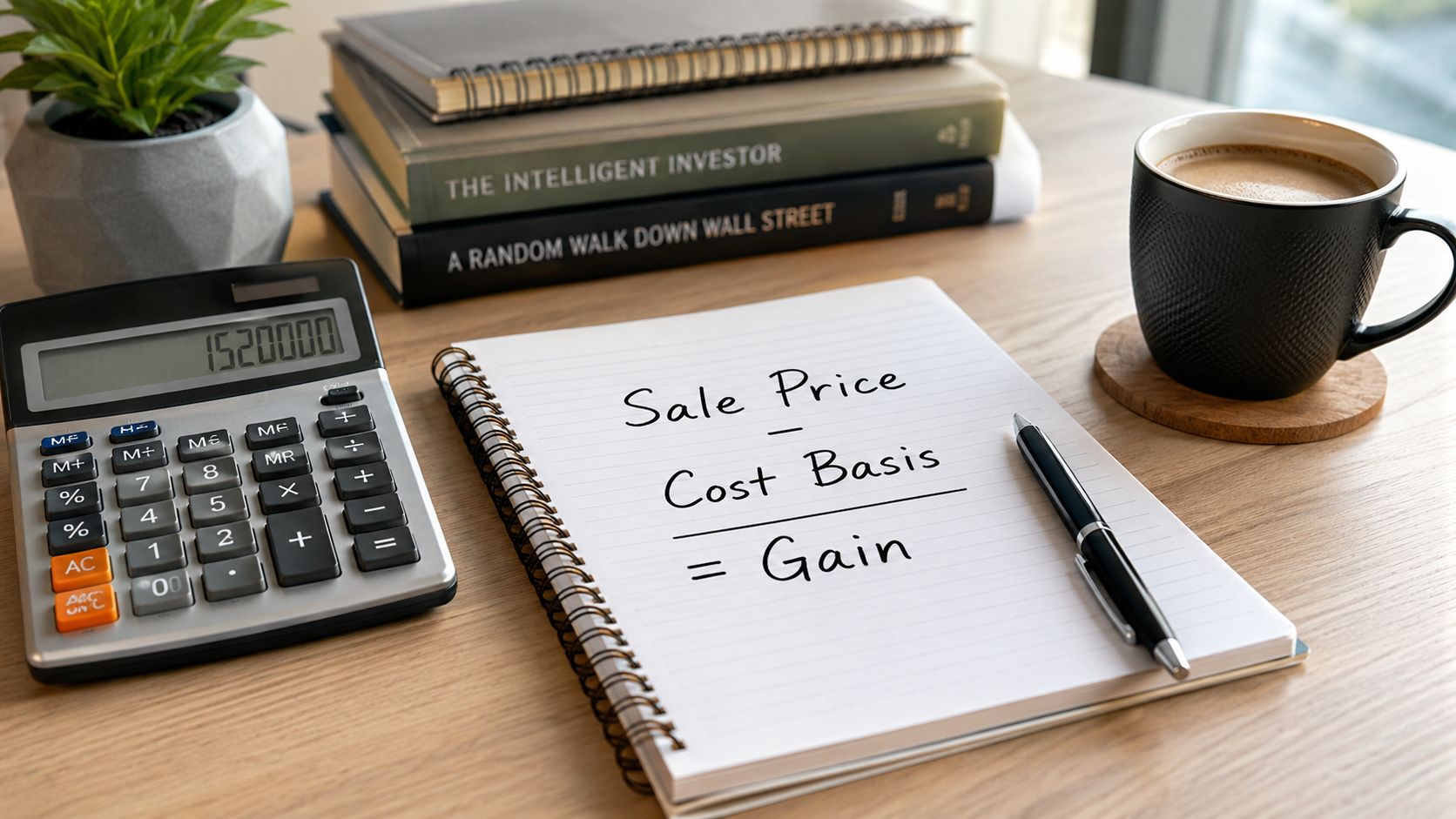 A calculator, books on investing, and a notebook showing the formula for calculating capital gains.