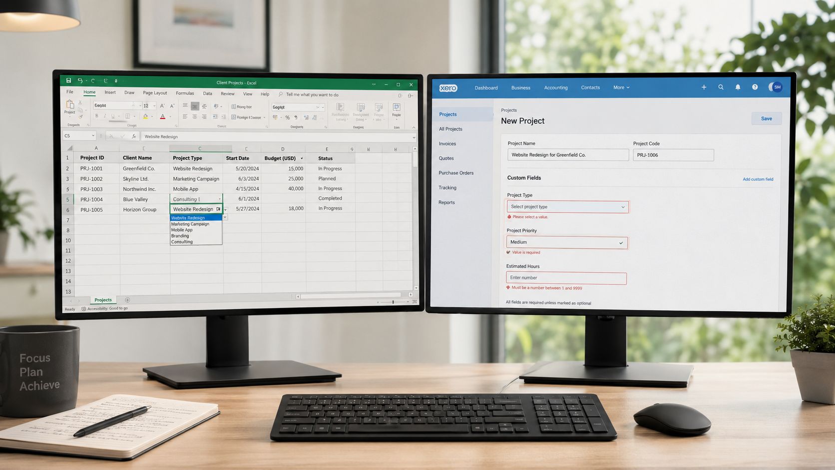 A dual monitor setup displaying an Excel spreadsheet and Xero accounting software for project data management.