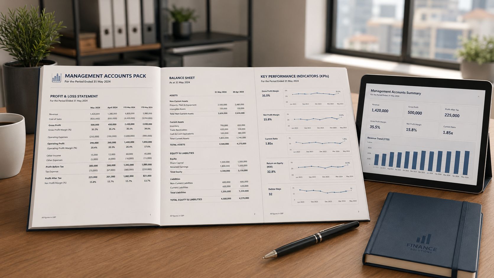 A professional desk setting featuring a management accounts report binder, a digital tablet, and a fountain pen.