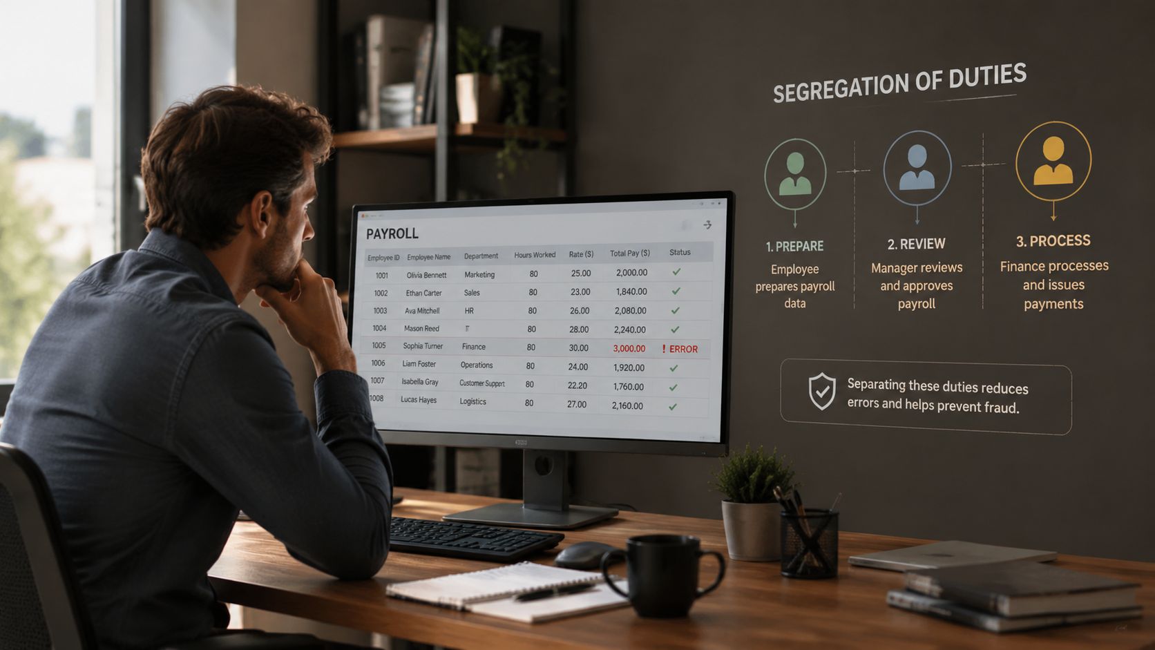A professional analyzing a payroll spreadsheet on a computer monitor, illustrating the segregation of duties principle.