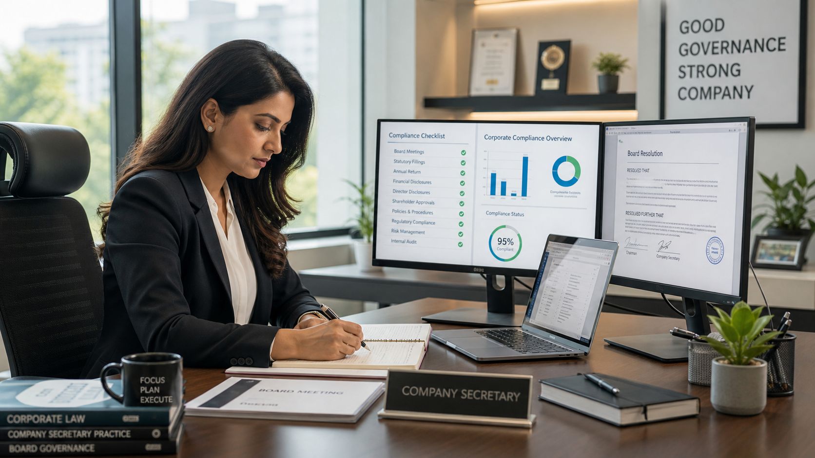 A professional company secretary working at an organized office desk with digital compliance monitors and documentation.