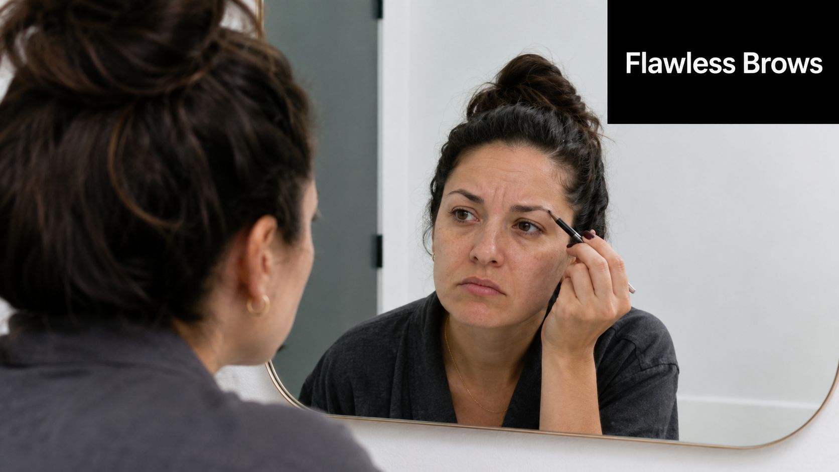 A woman applying brow makeup while looking in the mirror to achieve perfectly defined eyebrows.