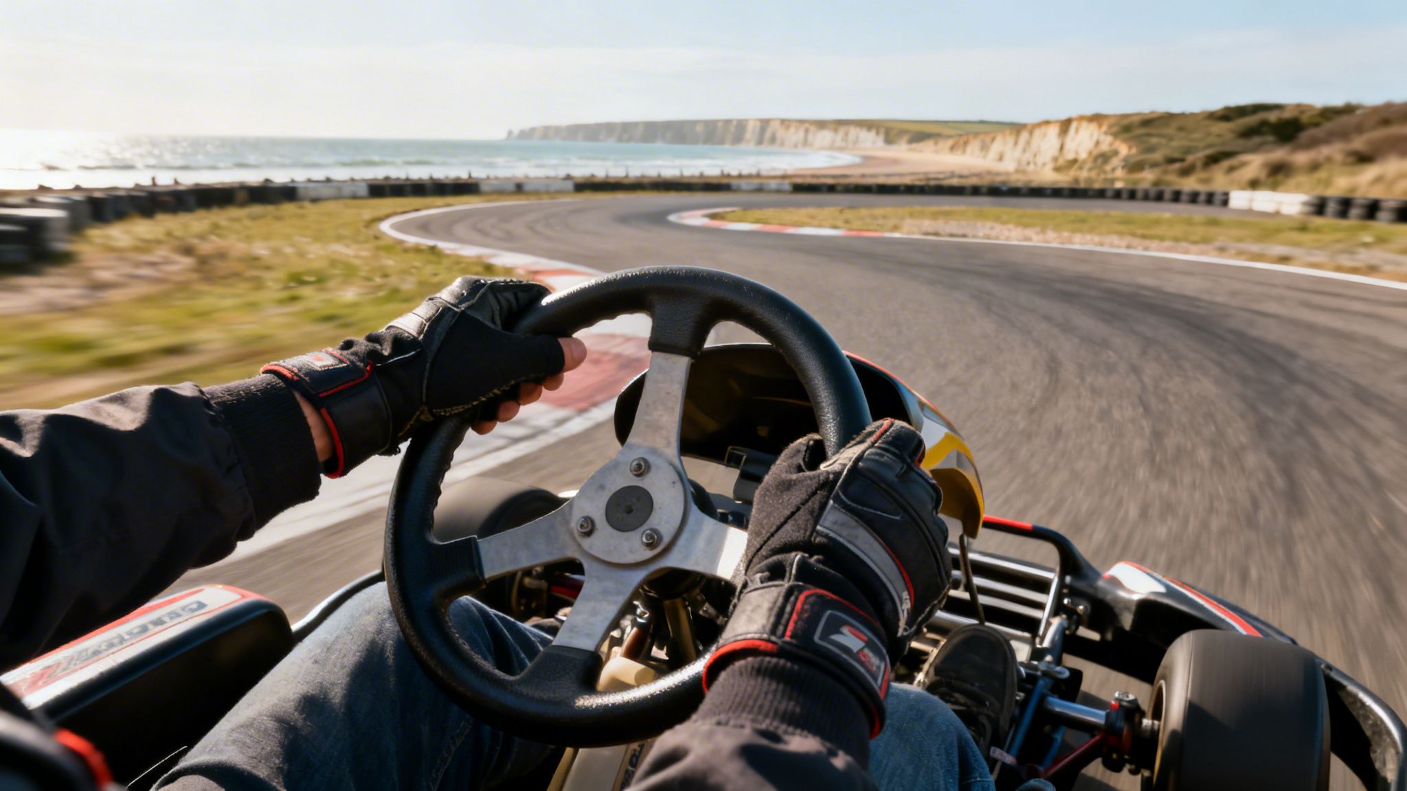 First-person view of go-kart racing, showing hands on the steering wheel on a track next to the sea.