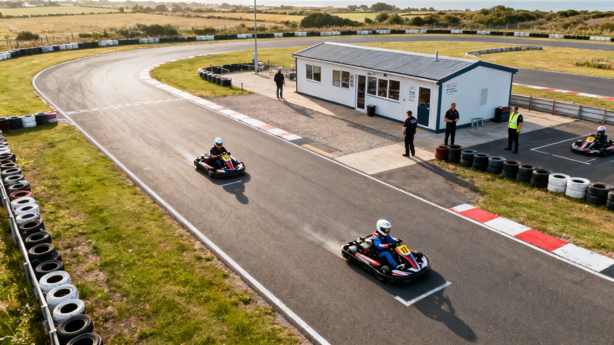 Aerial view of people go-karting on a track with a white building and green landscape.